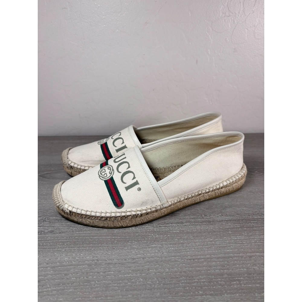 Gucci Pilar Canvas Espadrilles Cream Sherry Line Web Logo Slip On Shoes 39.5